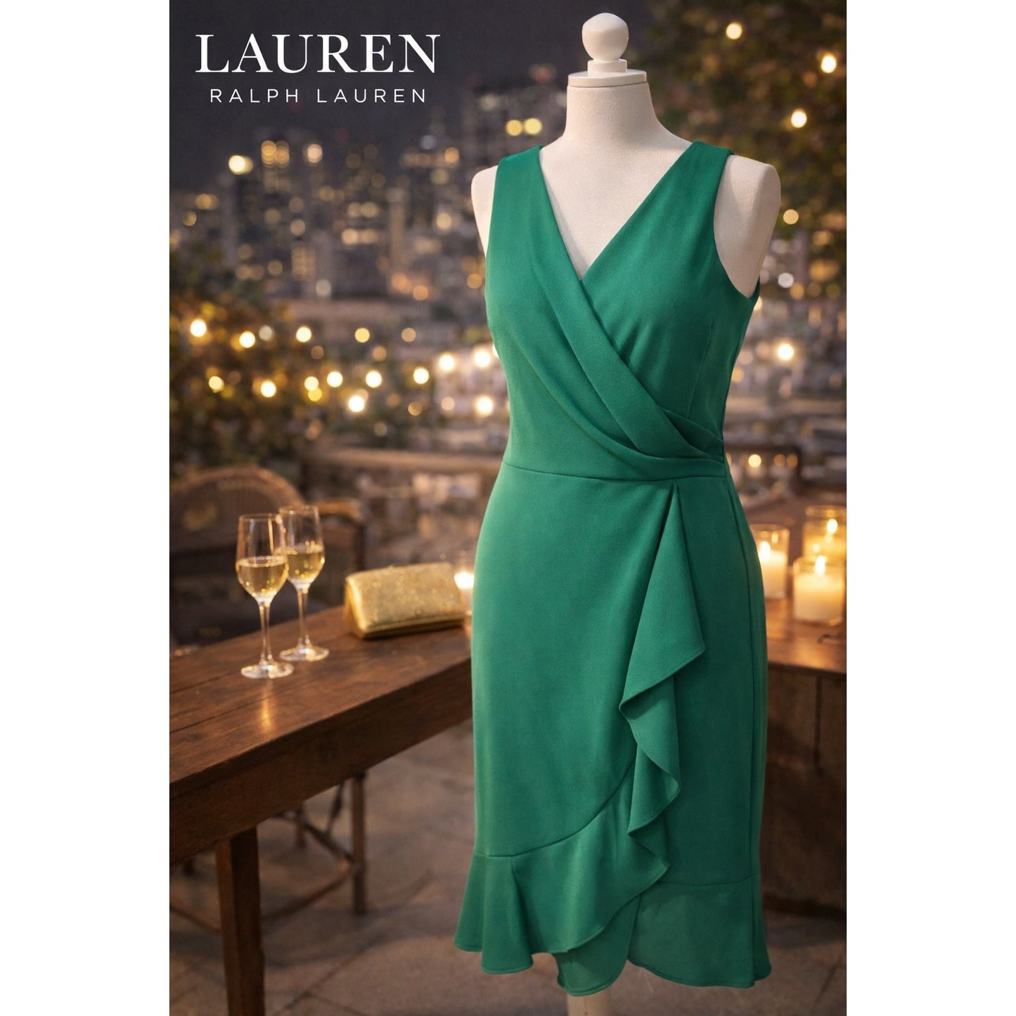 Lauren Ralph Lauren Green Wrap Dress Size 8 Sleeveless Ruffle Hem Elegant Work Dinner