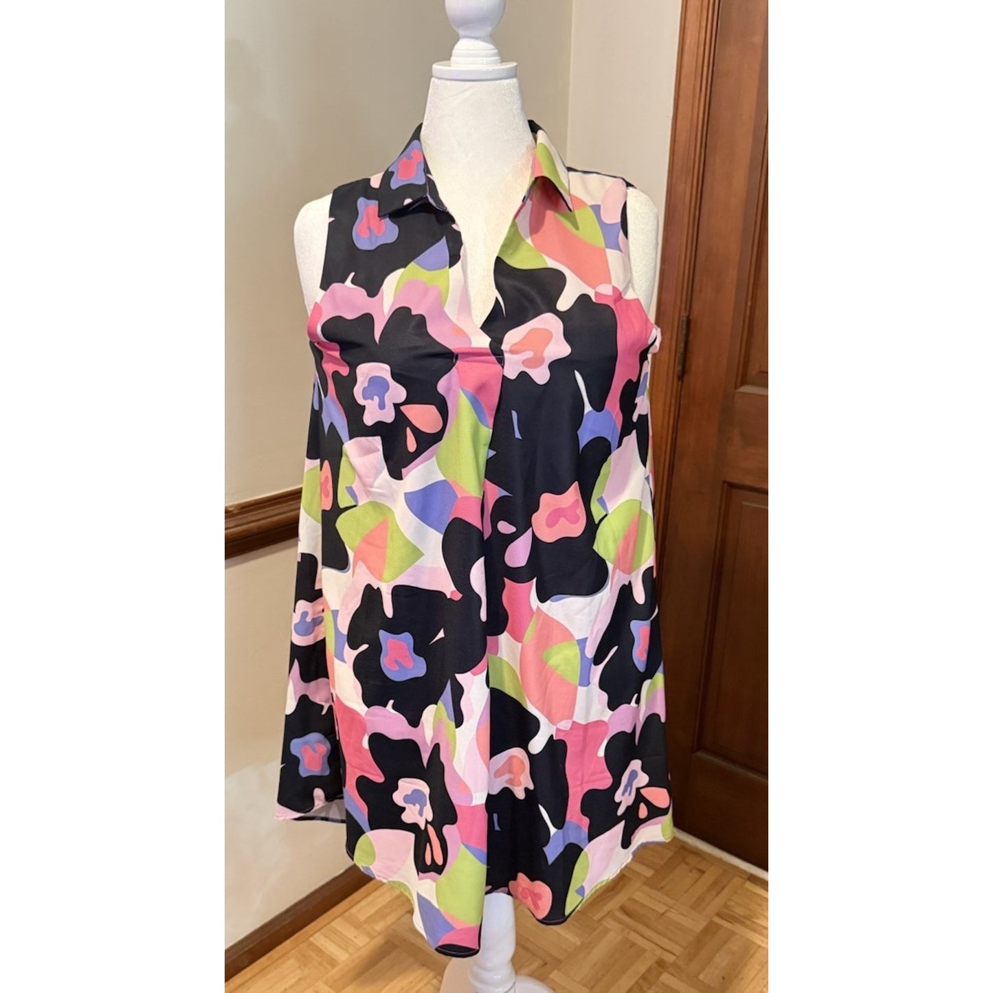 SSYS The Label Dress Large Sleeveless Collared Colorful Abstract Print Flowy