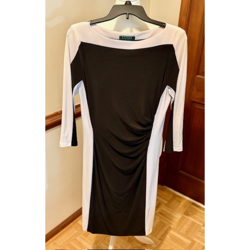 Lauren Ralph Lauren Black White Colorblock Sheath Dress Size 8 Ruched Career Chic