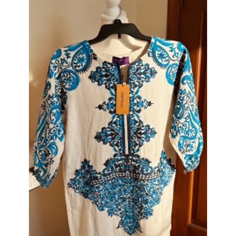 Sana Safinaz Blue & White Embroidered Cotton Kurta Tunic Dress Size Small NWT