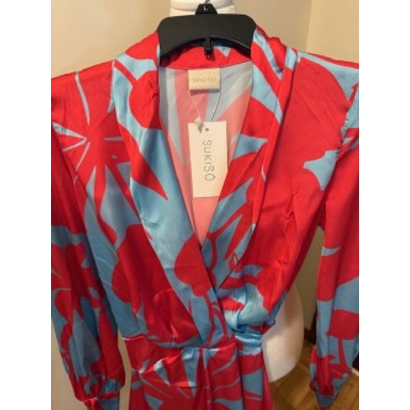 NWT Suki So Satin Floral Wrap Dress Pink Blue Statement Sleeve Dress