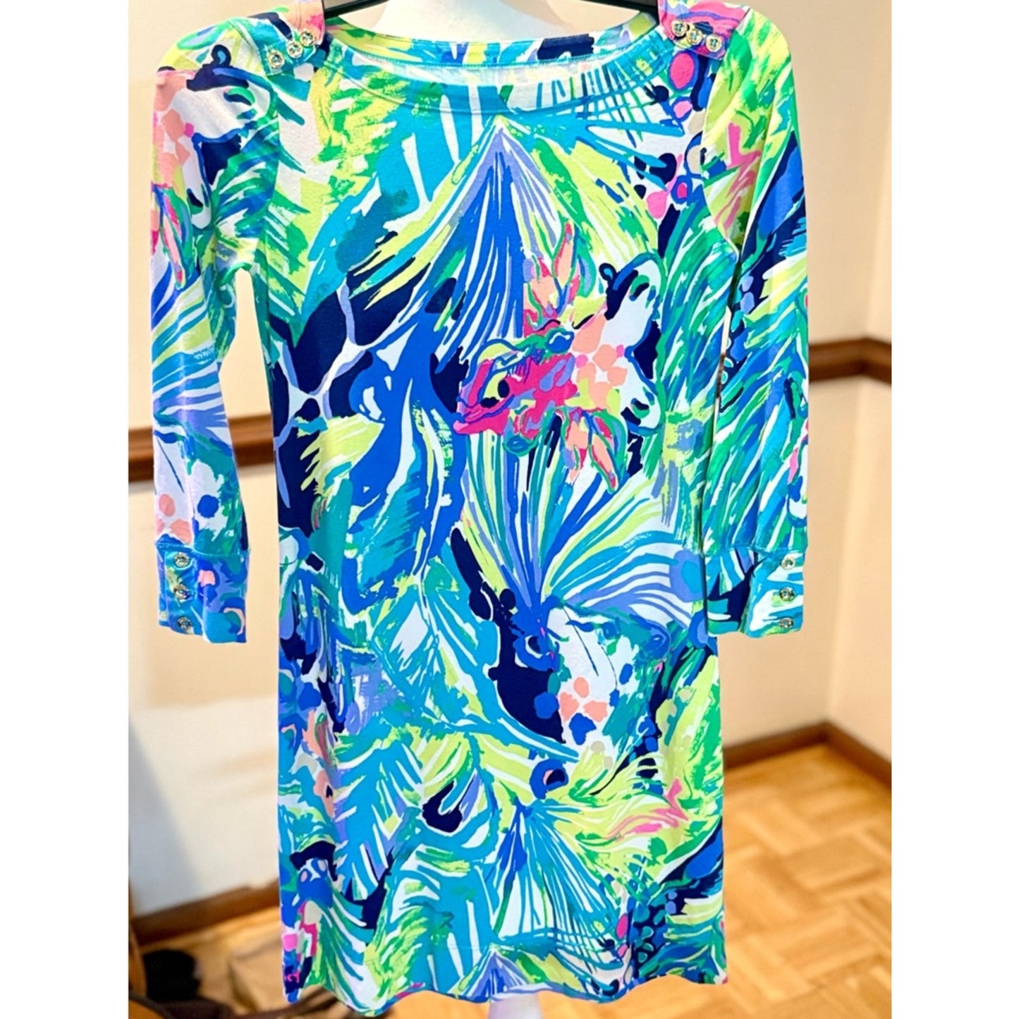 Lilly Pulitzer Tropical Shift Dress XXS Blue Pink 3/4 Sleeve