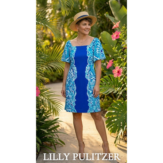 Lilly Pulitzer Off-the-Shoulder Dress – Size Medium – Blue Tropical Paisley Print