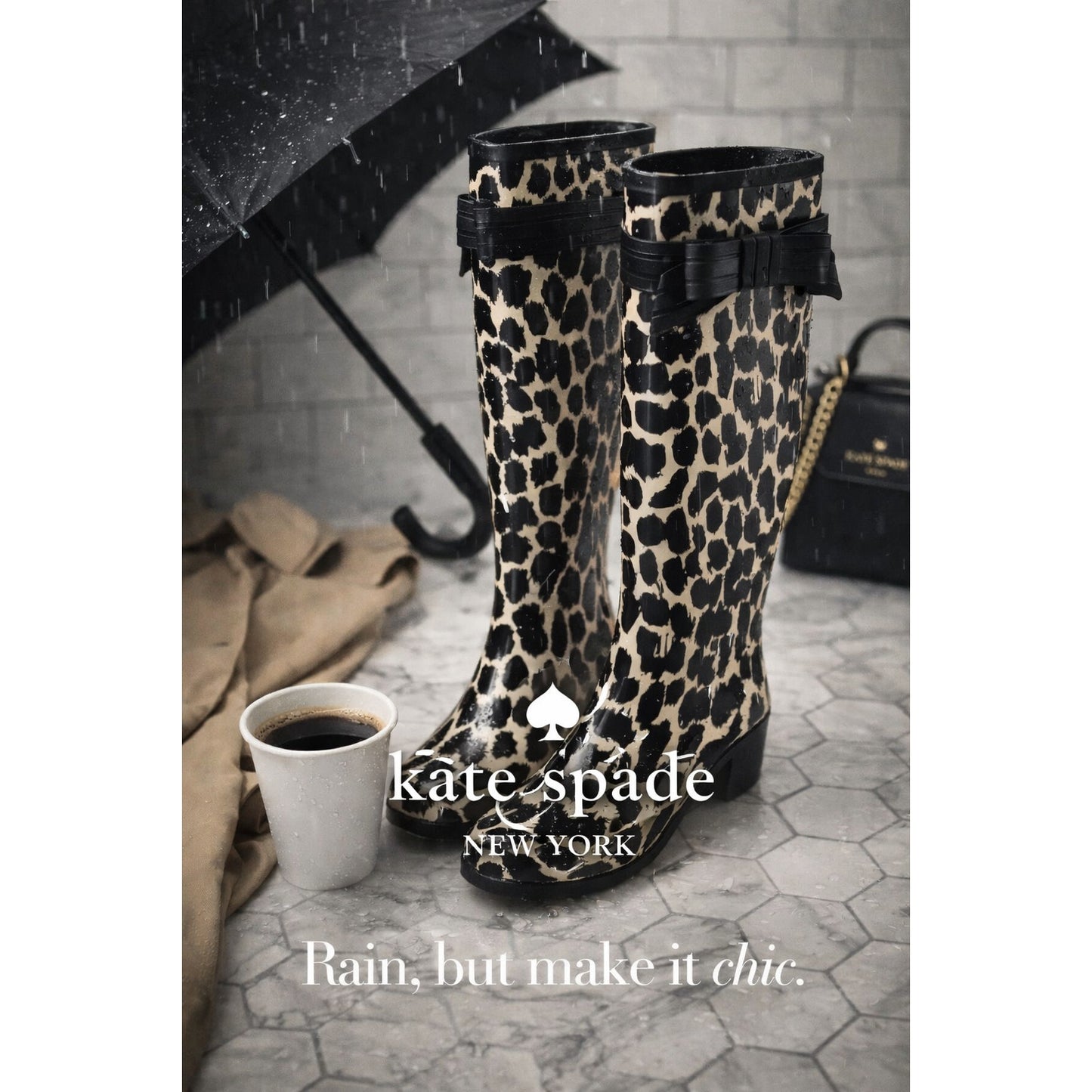 Kate Spade Leopard Print Rain Boots Knee High Bow Detail Size 10