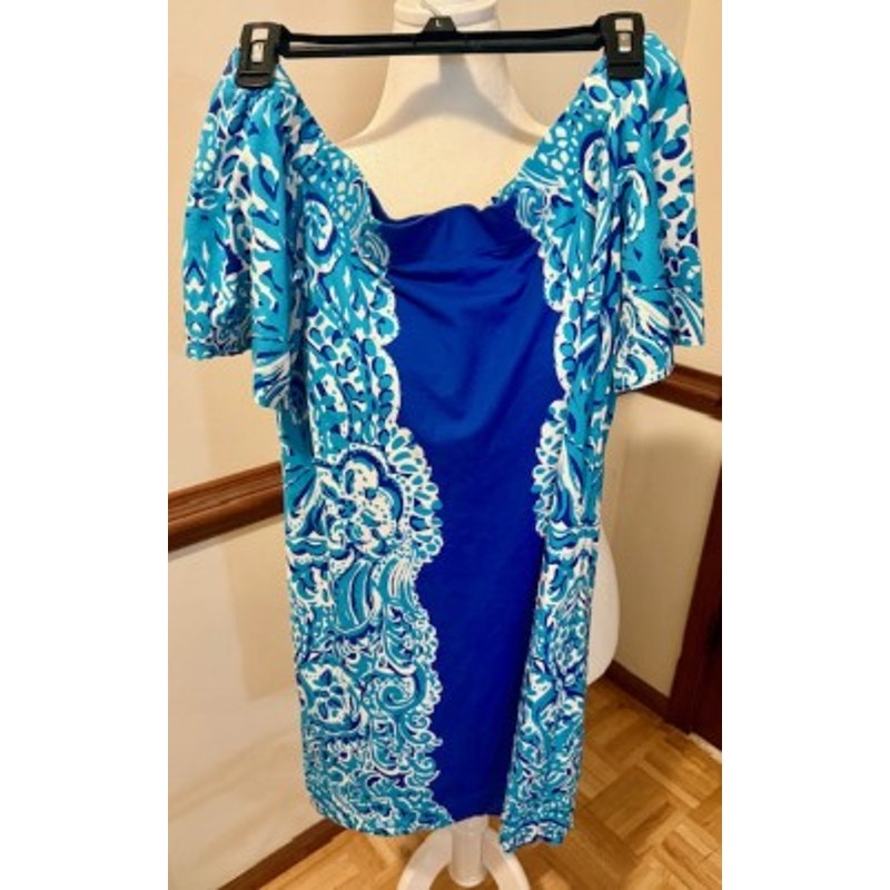 Lilly Pulitzer Off-the-Shoulder Dress – Size Medium – Blue Tropical Paisley Print