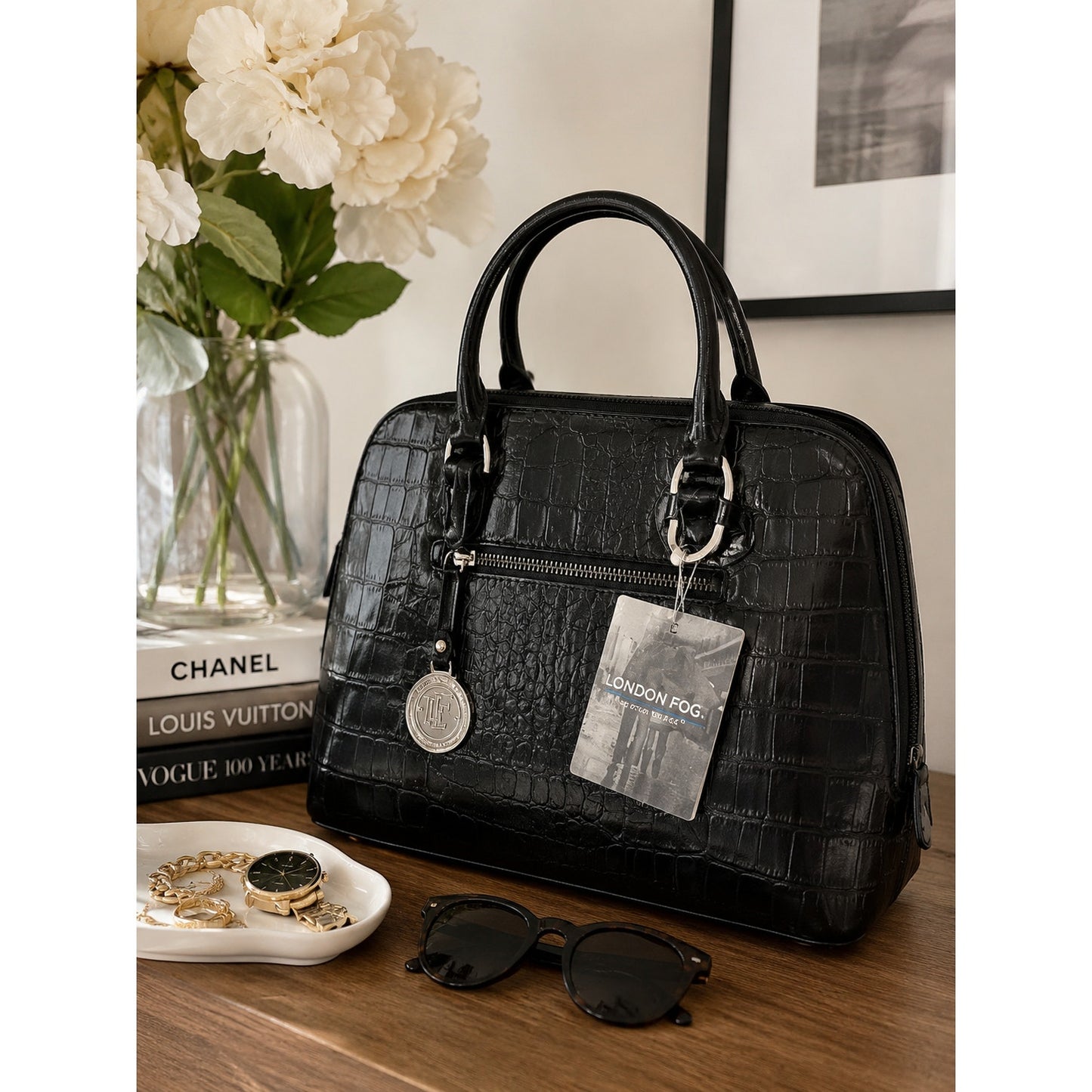 NWT London Fog Black Croc Embossed Satchel Handbag
