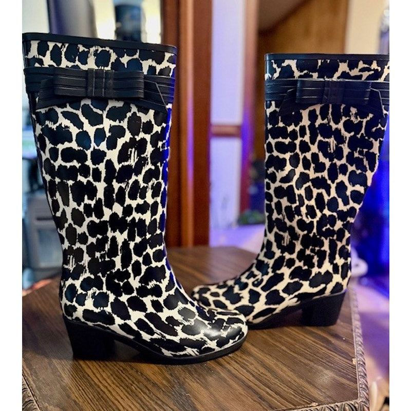 Kate Spade Leopard Print Rain Boots Knee High Bow Detail Size 10
