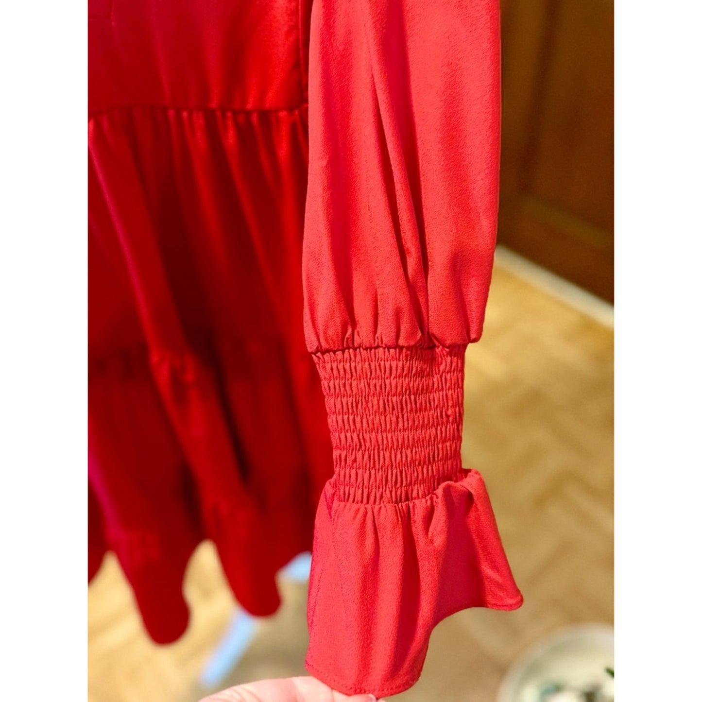 Pomander Place Red Tiered Babydoll Dress Small Smocked Sleeve Boho Mini