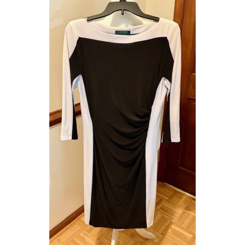 Lauren Ralph Lauren Black White Colorblock Sheath Dress Size 8 Ruched Career Chic