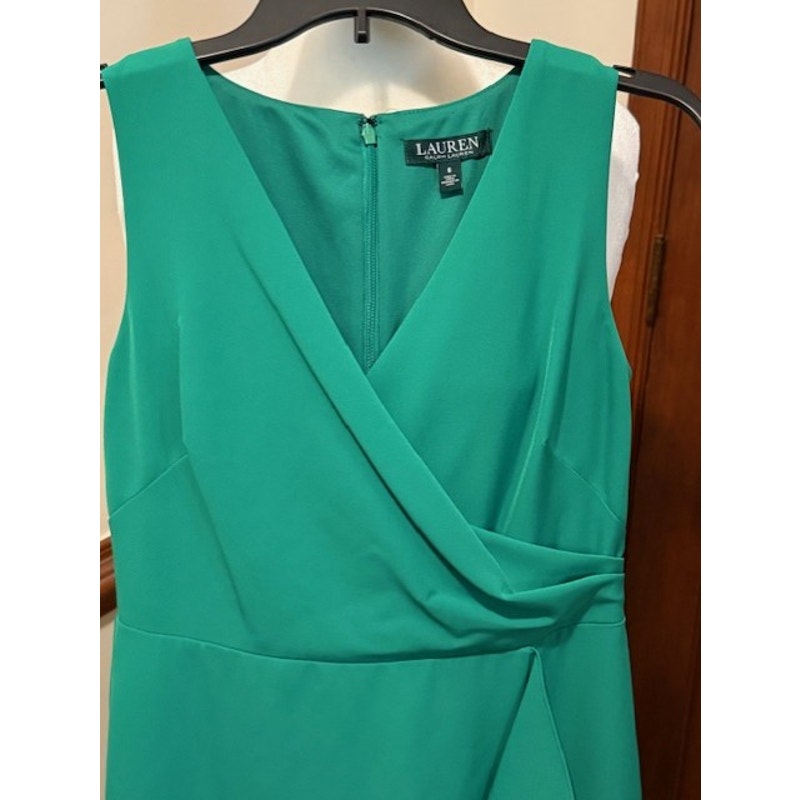 Lauren Ralph Lauren Green Wrap Dress Size 8 Sleeveless Ruffle Hem Elegant Work Dinner