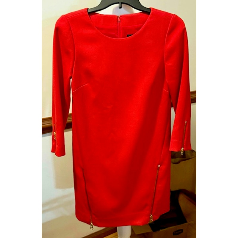 J.Crew Red Sheath Dress Gold Zipper Detail 3/4 Sleeve Size 0