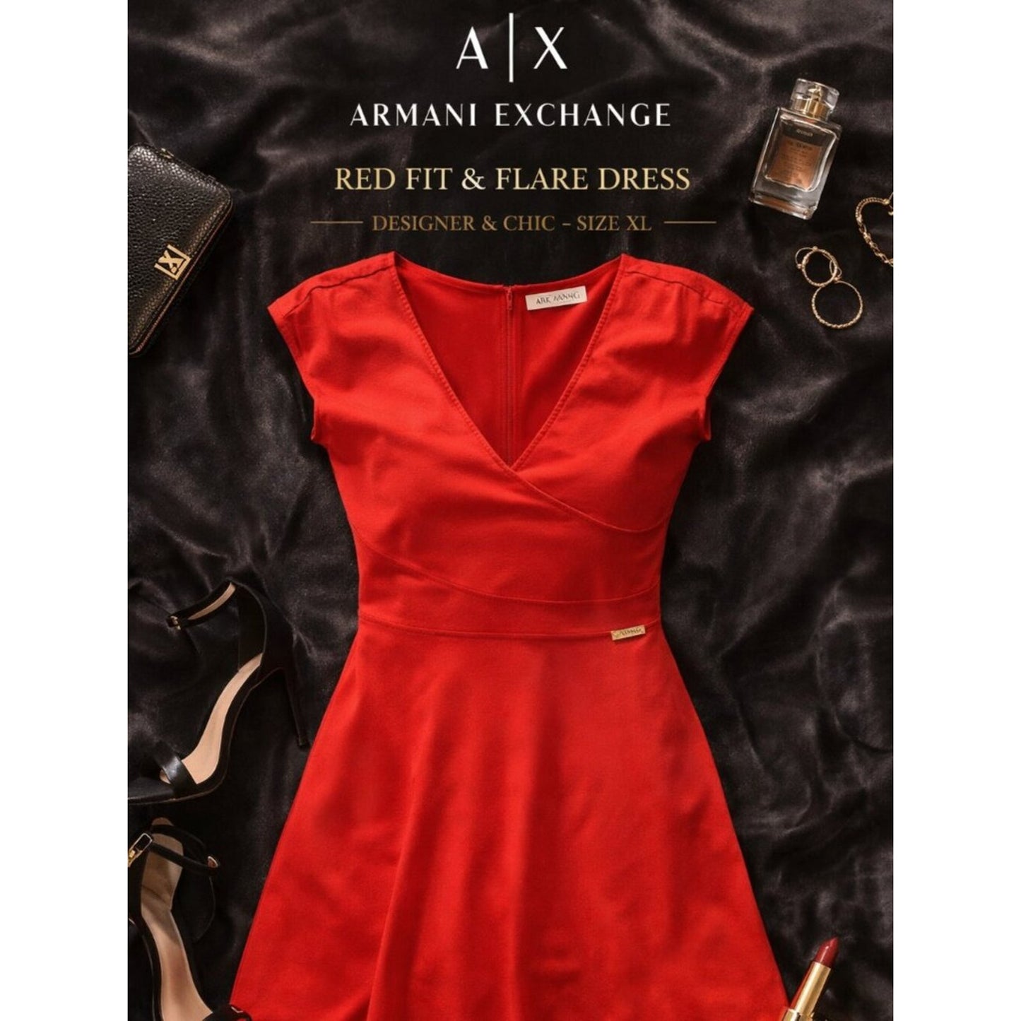 Armani Exchange Red Fit & Flare Dress V-Neck Cap Sleeve Mini XL