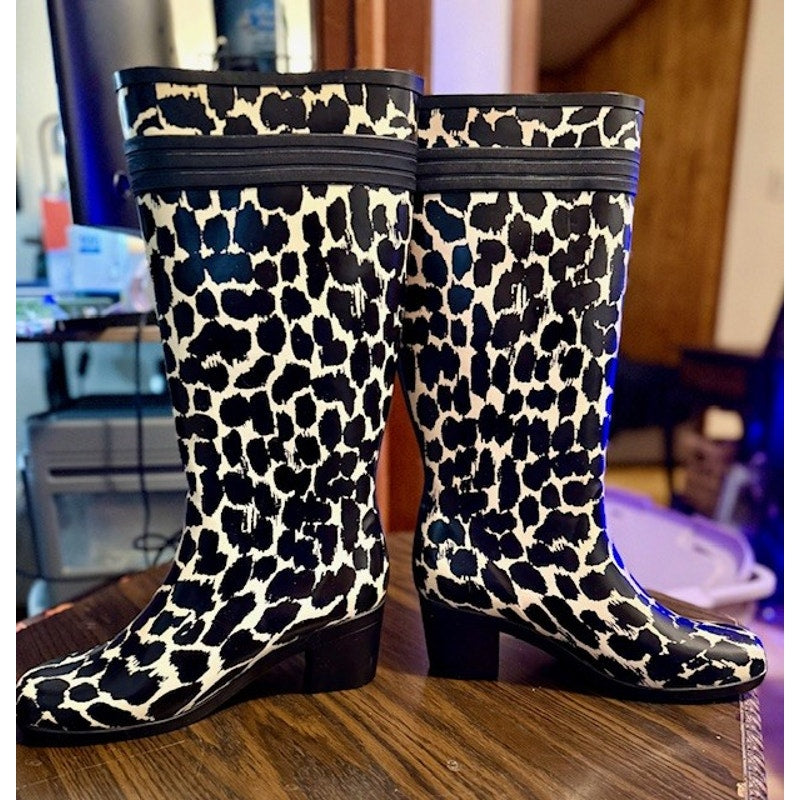 Kate Spade Leopard Print Rain Boots Knee High Bow Detail Size 10