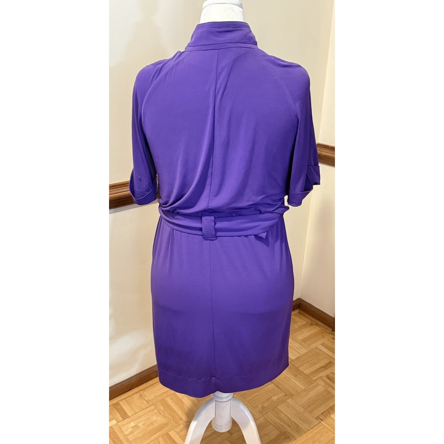 Black Saks Fifth Avenue Purple Belted Dress Size 12 Mock Neck Sheath Stretch