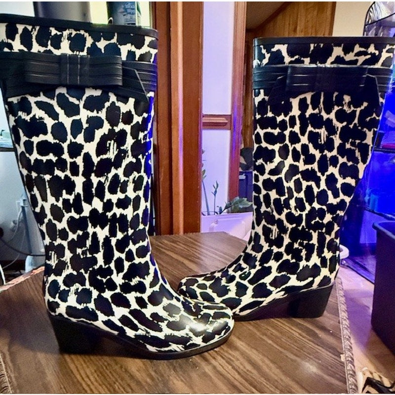 Kate Spade Leopard Print Rain Boots Knee High Bow Detail Size 10