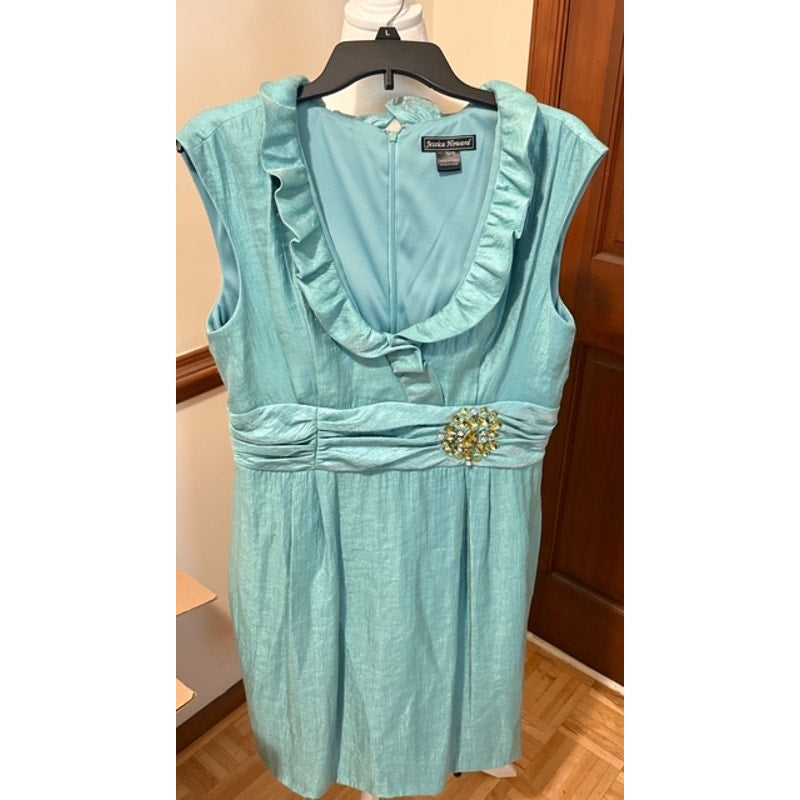 Jessica Howard Aqua Shimmer Cocktail Dress Size 14 Rhinestone Accent