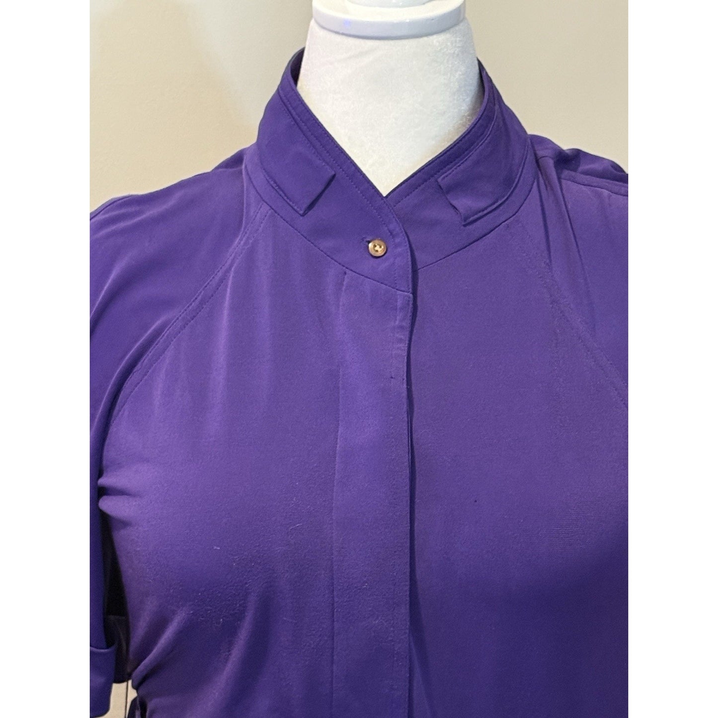 Black Saks Fifth Avenue Purple Belted Dress Size 12 Mock Neck Sheath Stretch