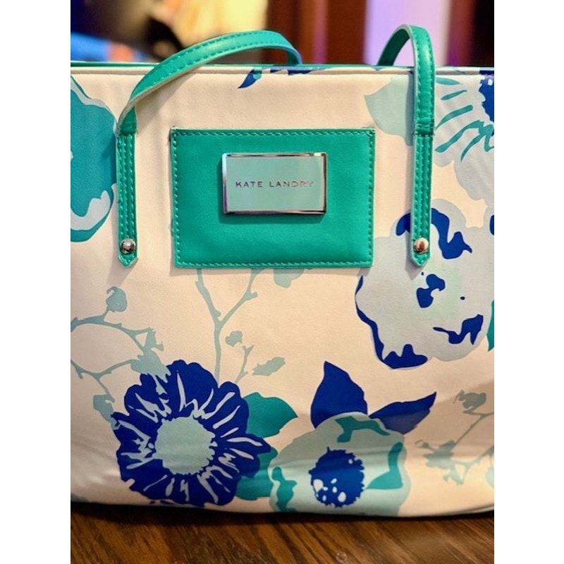 Kate Landry Floral Tote Bag Blue Green White Summer Beach Shoulder Bag