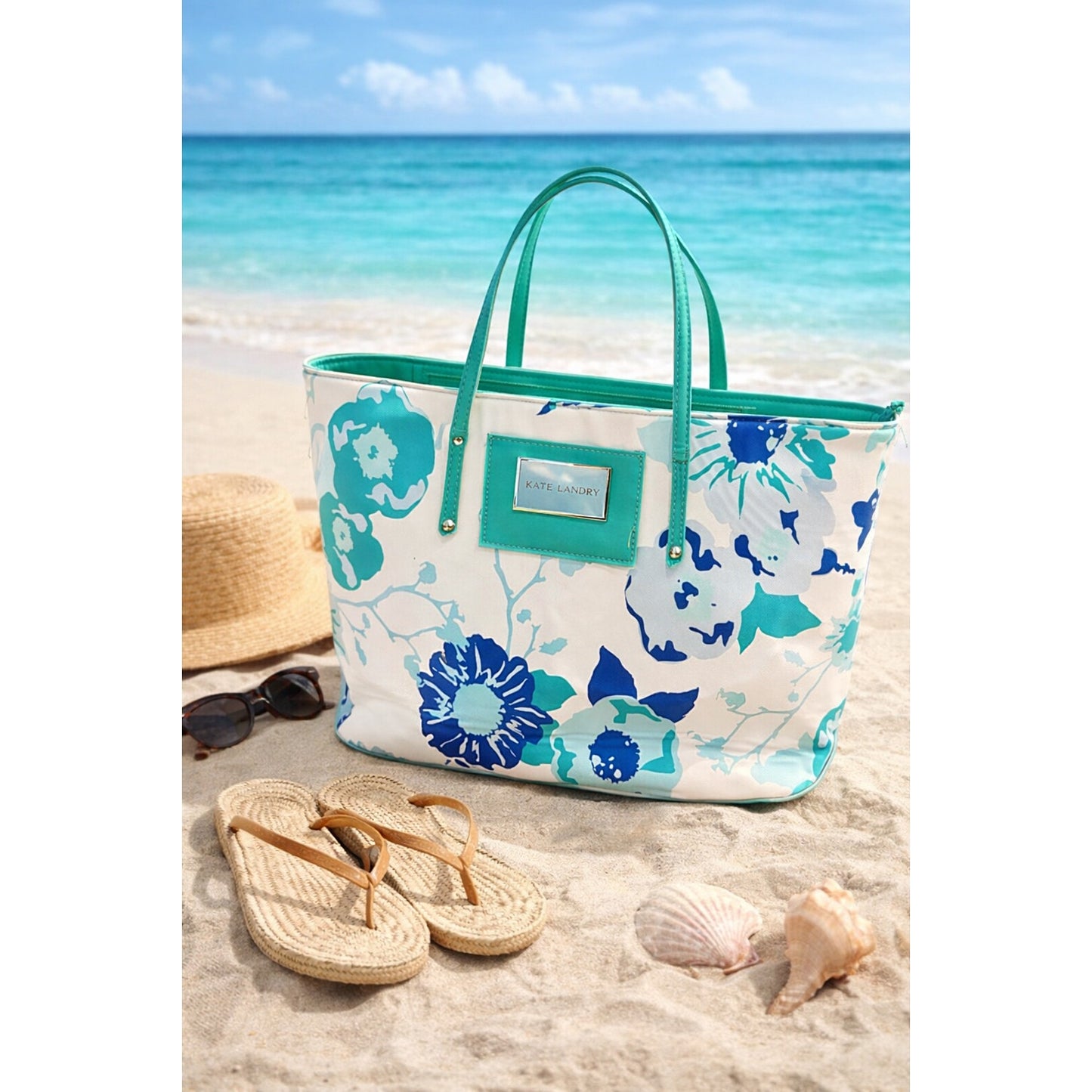 Kate Landry Floral Tote Bag Blue Green White Summer Beach Shoulder Bag