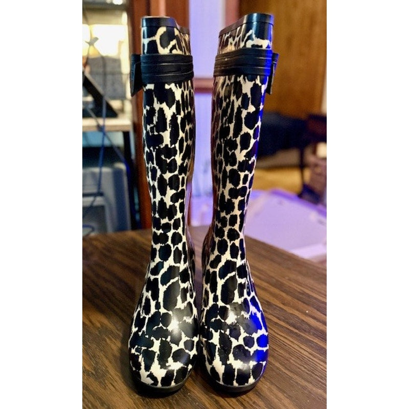 Kate Spade Leopard Print Rain Boots Knee High Bow Detail Size 10