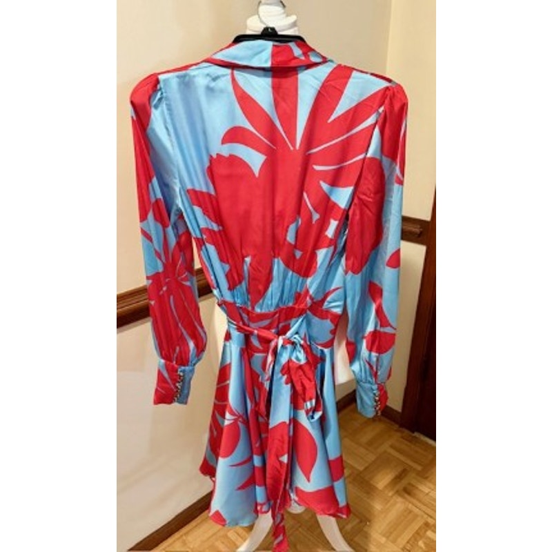 NWT Suki So Satin Floral Wrap Dress Pink Blue Statement Sleeve Dress