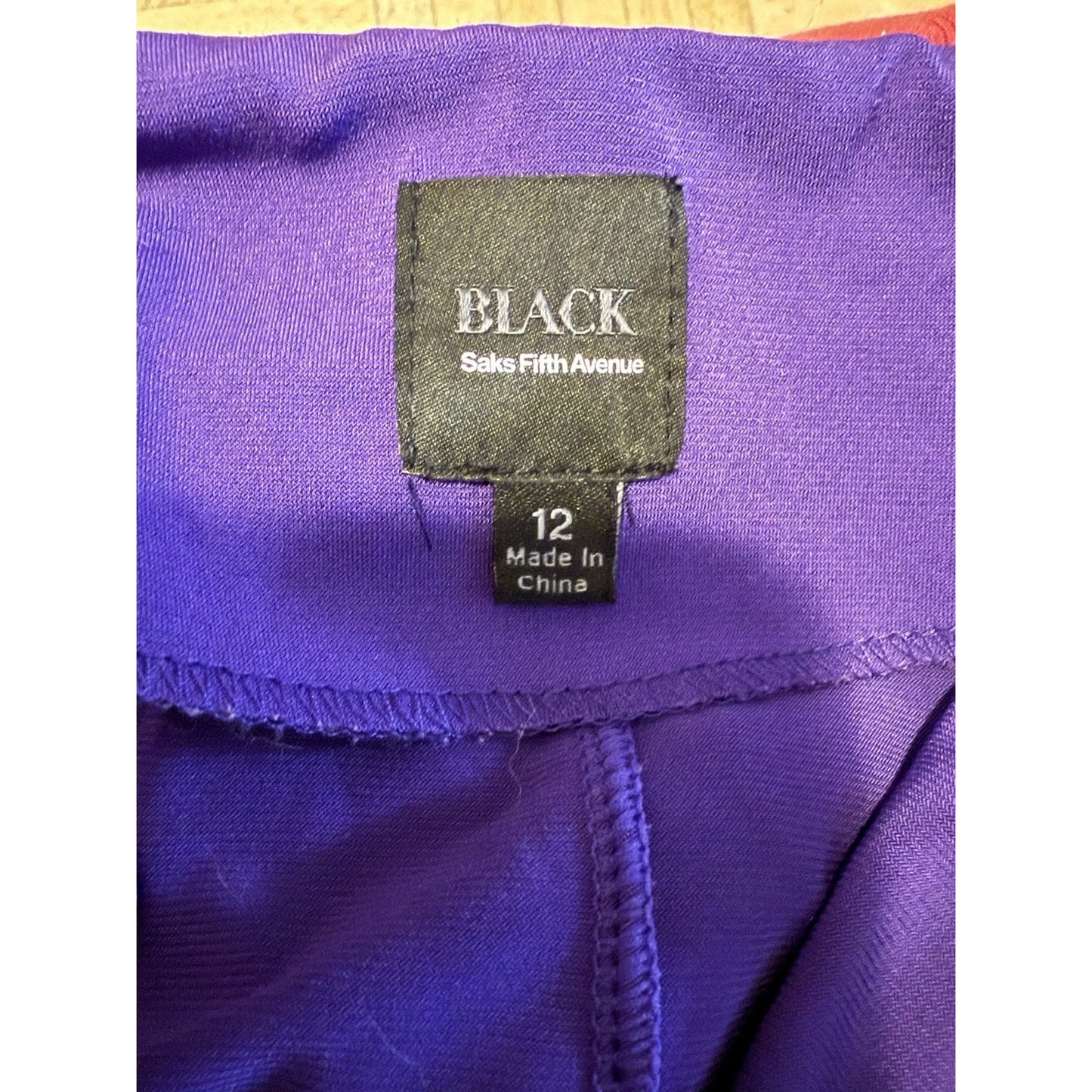 Black Saks Fifth Avenue Purple Belted Dress Size 12 Mock Neck Sheath Stretch