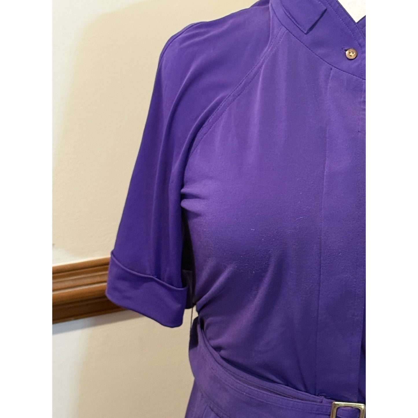 Black Saks Fifth Avenue Purple Belted Dress Size 12 Mock Neck Sheath Stretch