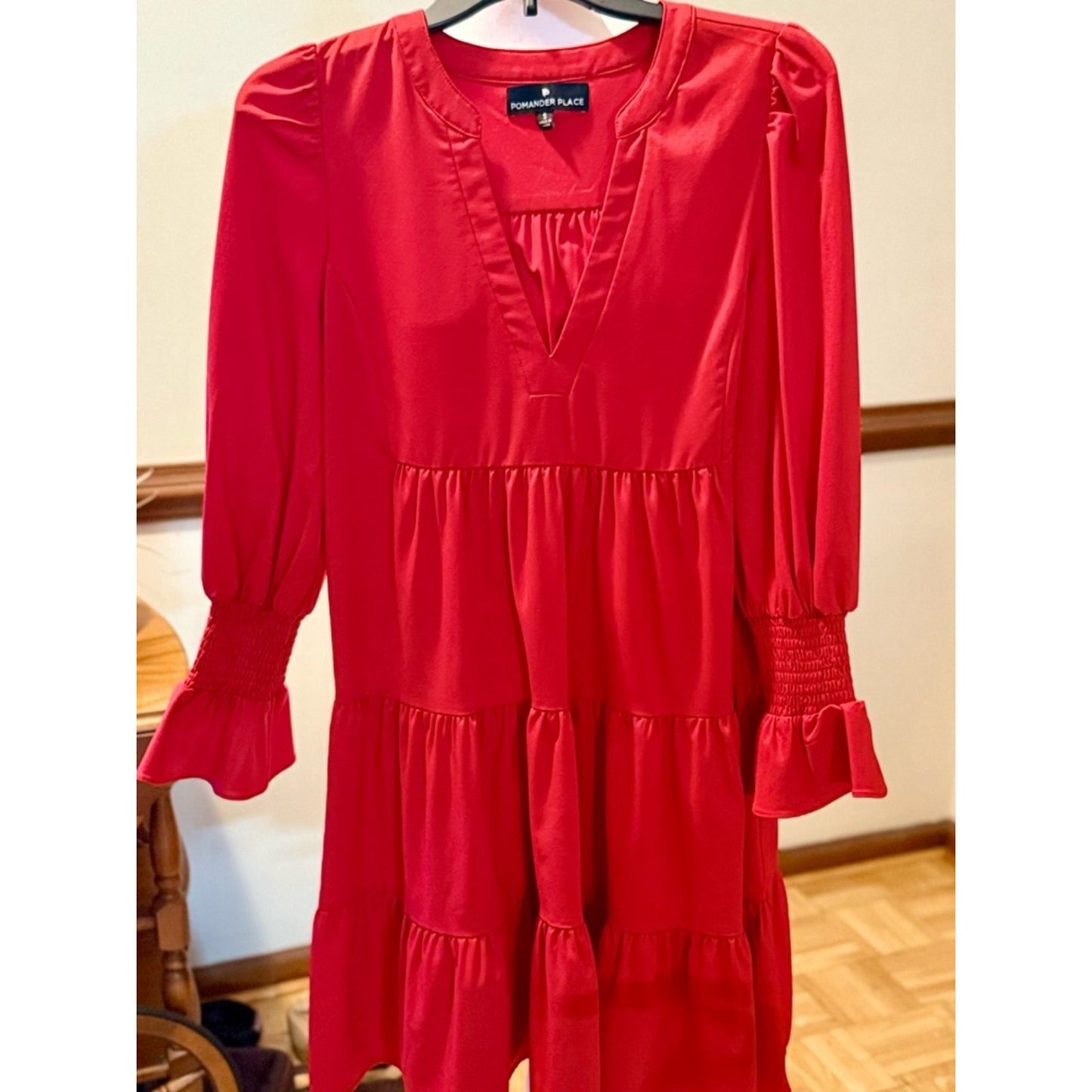 Pomander Place Red Tiered Babydoll Dress Small Smocked Sleeve Boho Mini
