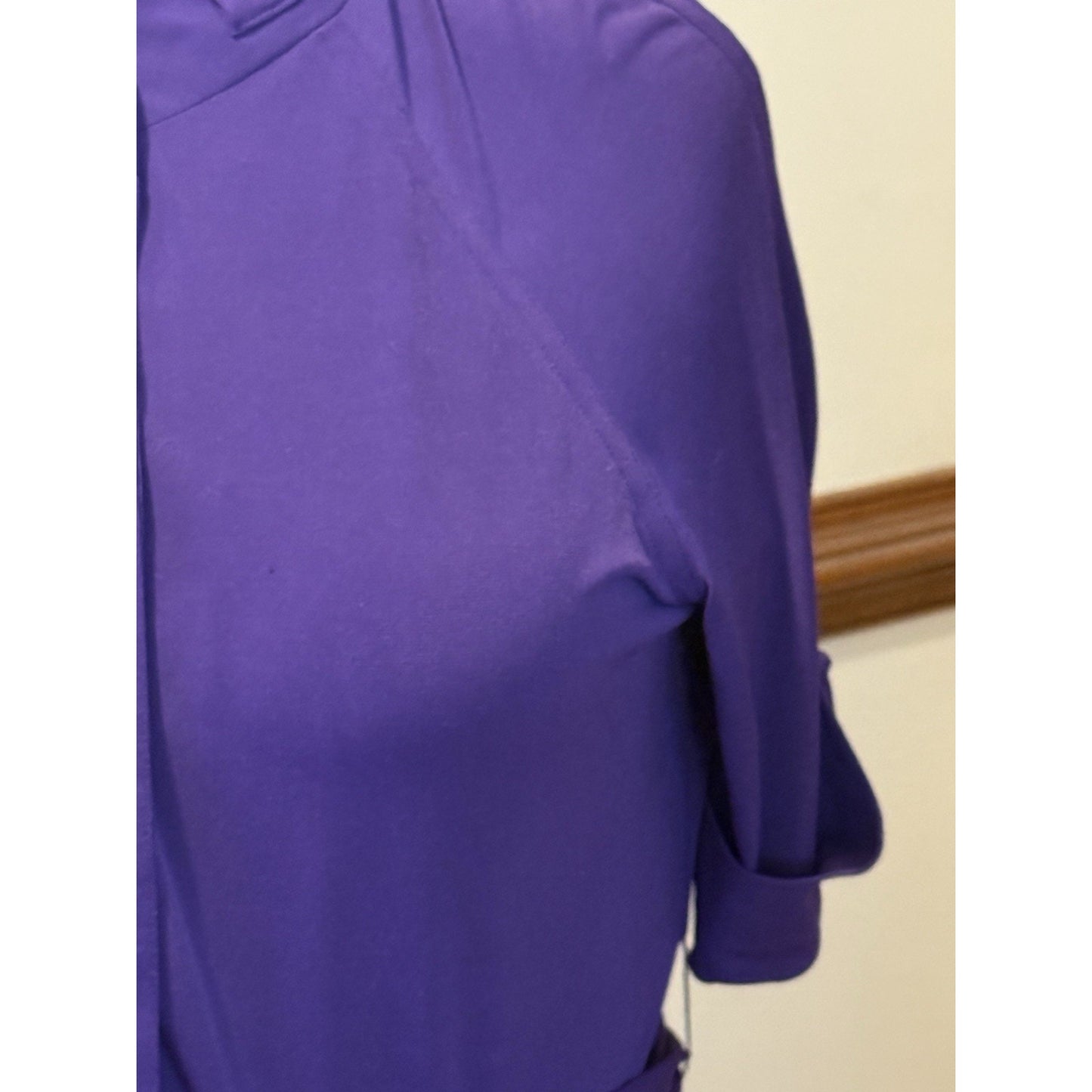 Black Saks Fifth Avenue Purple Belted Dress Size 12 Mock Neck Sheath Stretch