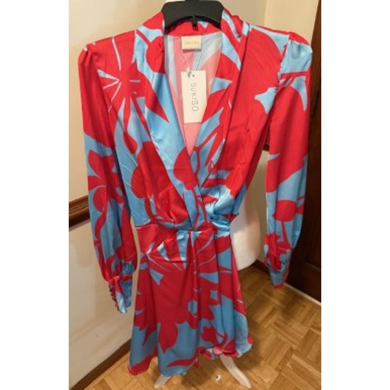 NWT Suki So Satin Floral Wrap Dress Pink Blue Statement Sleeve Dress