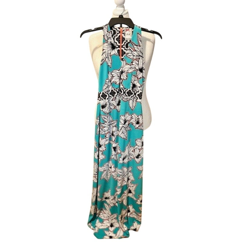 Yoana Baraschi Tropical Maxi Dress Size 6 Sleeveless Floral Teal Resort Summer