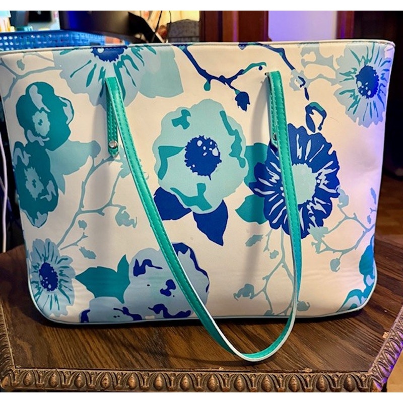 Kate Landry Floral Tote Bag Blue Green White Summer Beach Shoulder Bag
