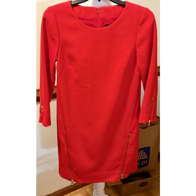 J.Crew Red Sheath Dress Gold Zipper Detail 3/4 Sleeve Size 0