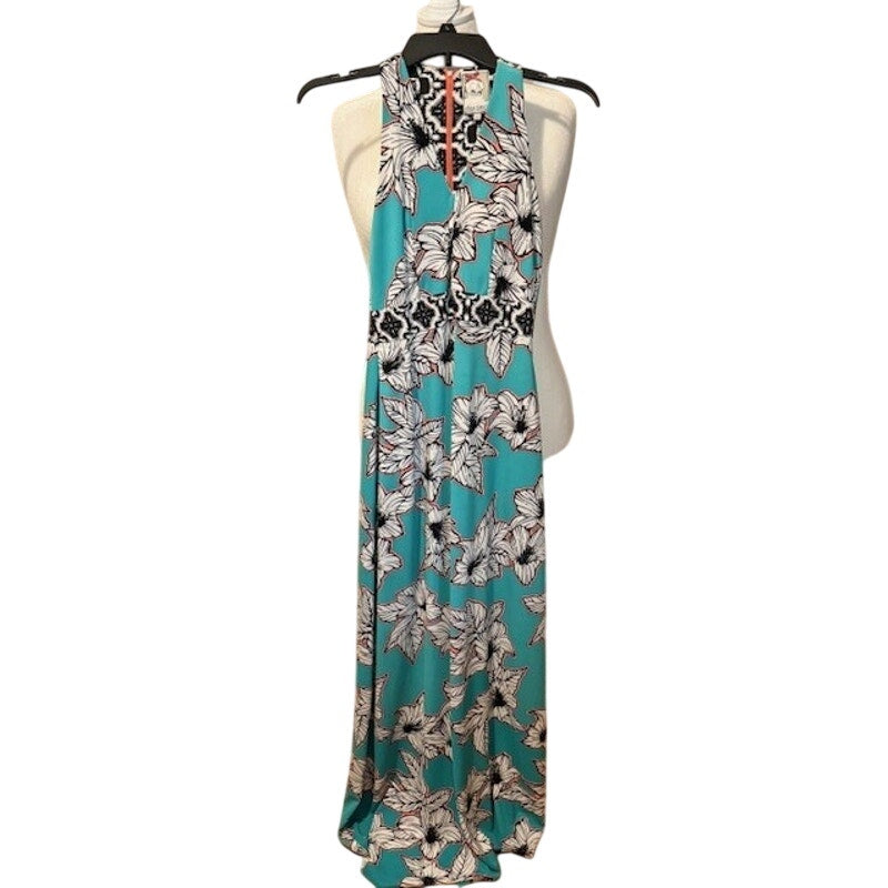 Yoana Baraschi Tropical Maxi Dress Size 6 Sleeveless Floral Teal Resort Summer