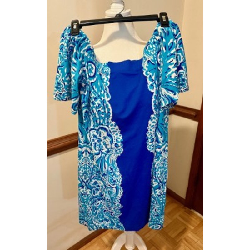Lilly Pulitzer Off-the-Shoulder Dress – Size Medium – Blue Tropical Paisley Print
