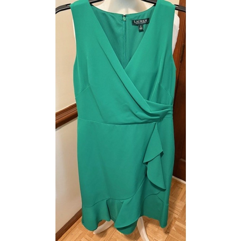 Lauren Ralph Lauren Green Wrap Dress Size 8 Sleeveless Ruffle Hem Elegant Work Dinner