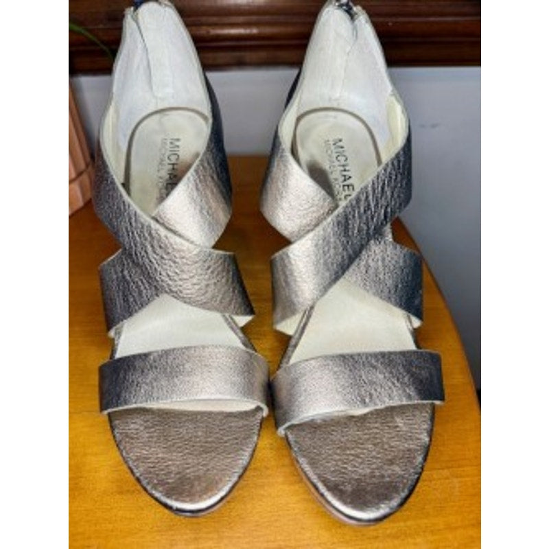 Michael Kors Metallic Pewter Platform Strappy Heels | Back Zip Sandals | Size 7