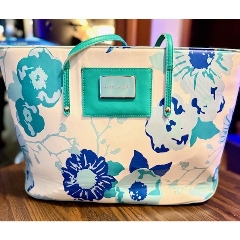 Kate Landry Floral Tote Bag Blue Green White Summer Beach Shoulder Bag