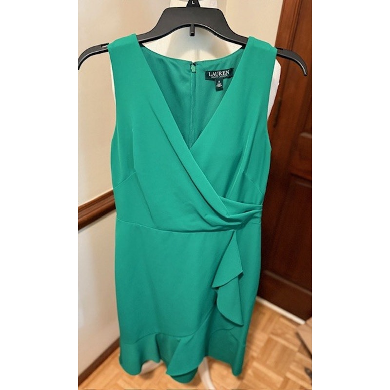Lauren Ralph Lauren Green Wrap Dress Size 8 Sleeveless Ruffle Hem Elegant Work Dinner