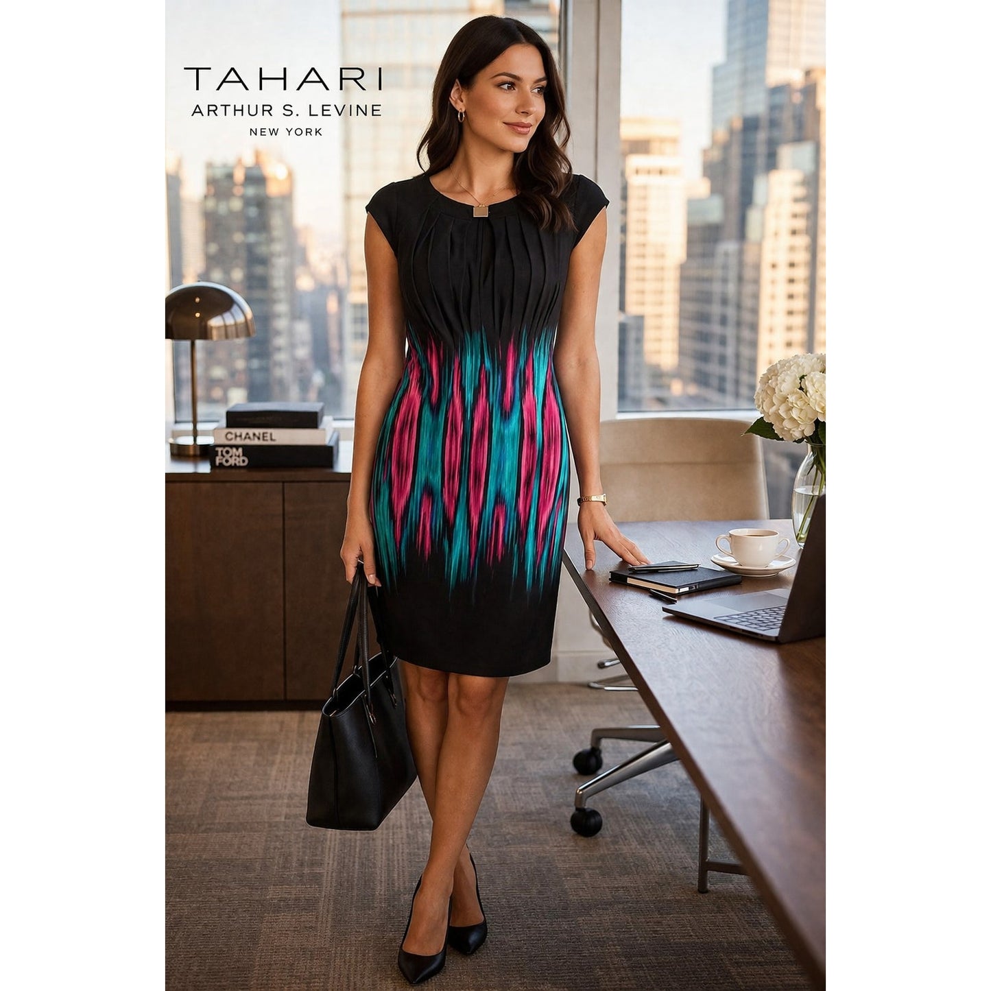 Tahari Arthur S Levine Dress Size 2 Black Ikat Print Sheath Work Office Chic