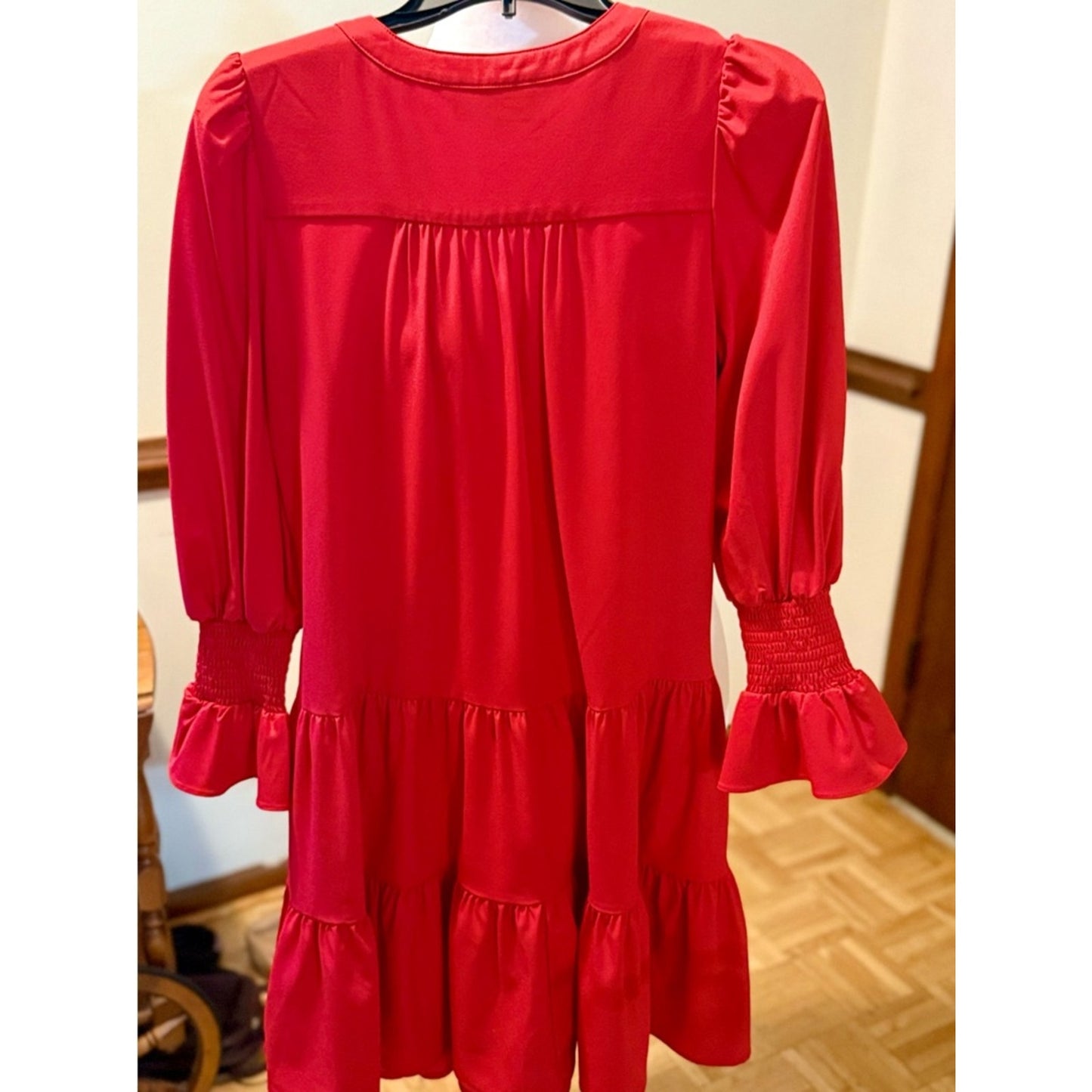 Pomander Place Red Tiered Babydoll Dress Small Smocked Sleeve Boho Mini