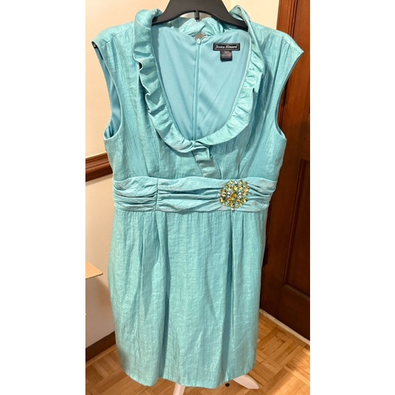 Jessica Howard Aqua Shimmer Cocktail Dress Size 14 Rhinestone Accent