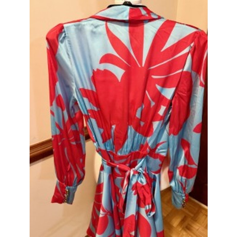 NWT Suki So Satin Floral Wrap Dress Pink Blue Statement Sleeve Dress