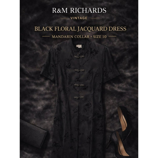 R&M Richards Black Floral Jacquard Dress Mandarin Collar Size 10 Vintage