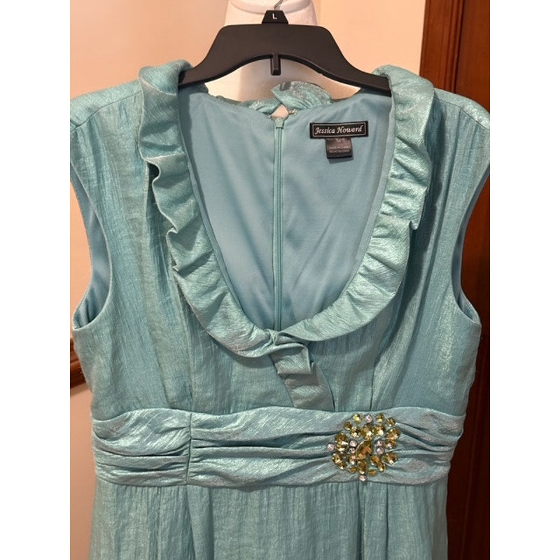 Jessica Howard Aqua Shimmer Cocktail Dress Size 14 Rhinestone Accent