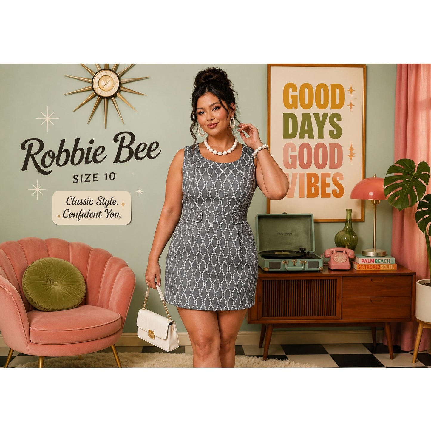 Robbie Bee Gray & White Printed Sheath Dress – Size 10