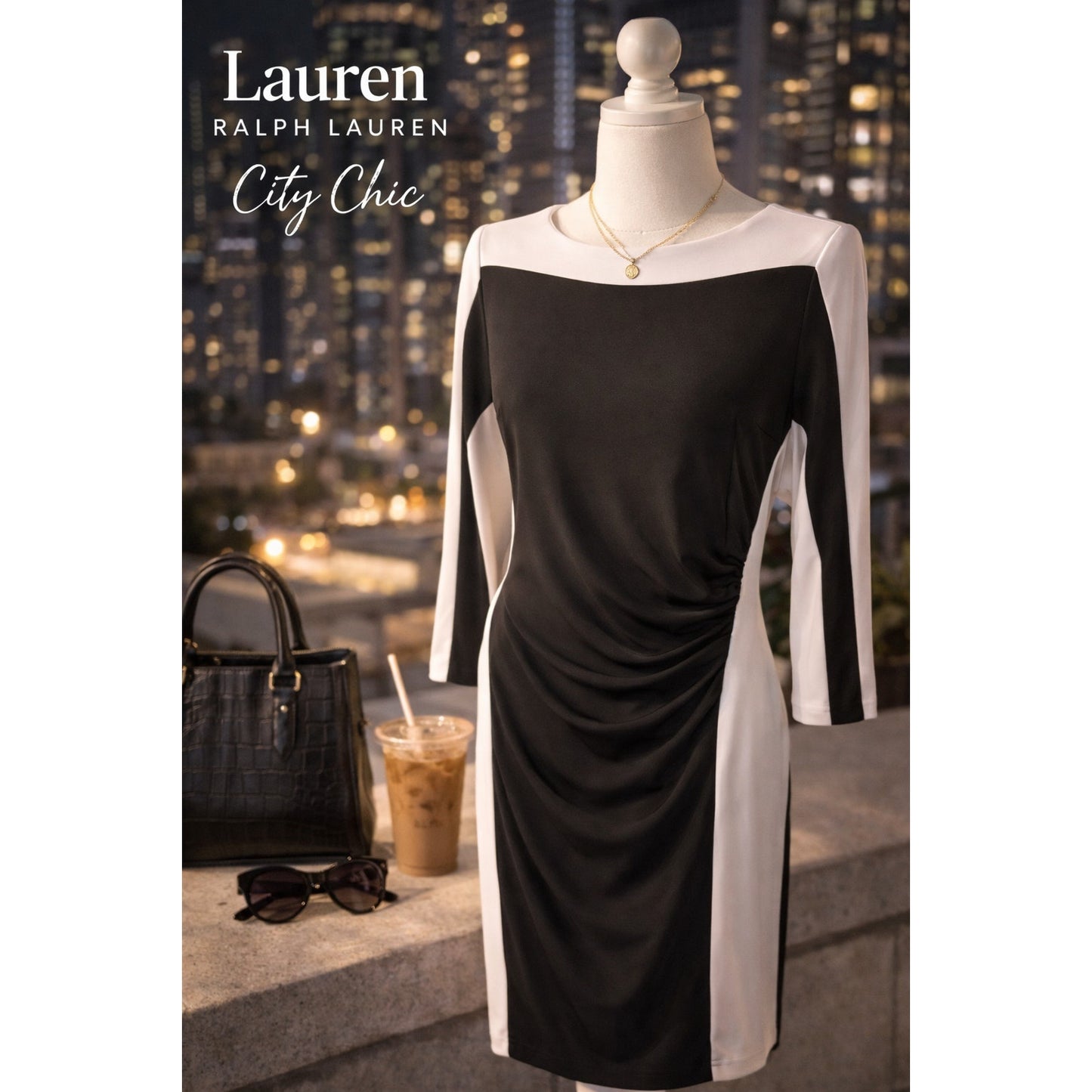 Lauren Ralph Lauren Black White Colorblock Sheath Dress Size 8 Ruched Career Chic
