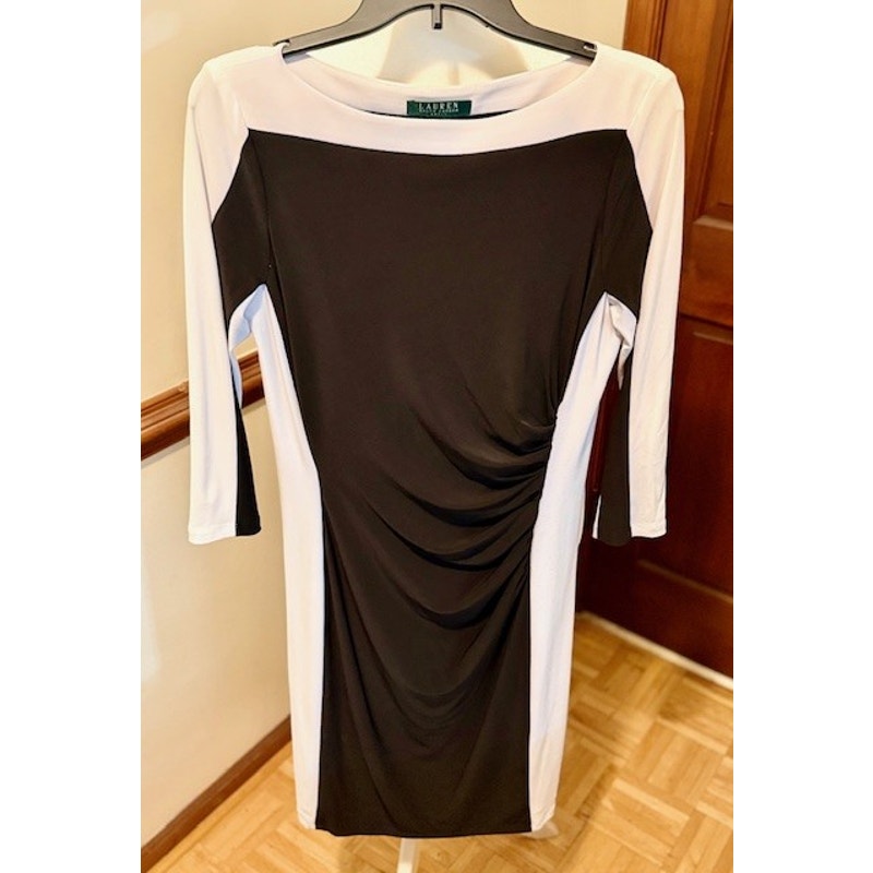 Lauren Ralph Lauren Black White Colorblock Sheath Dress Size 8 Ruched Career Chic