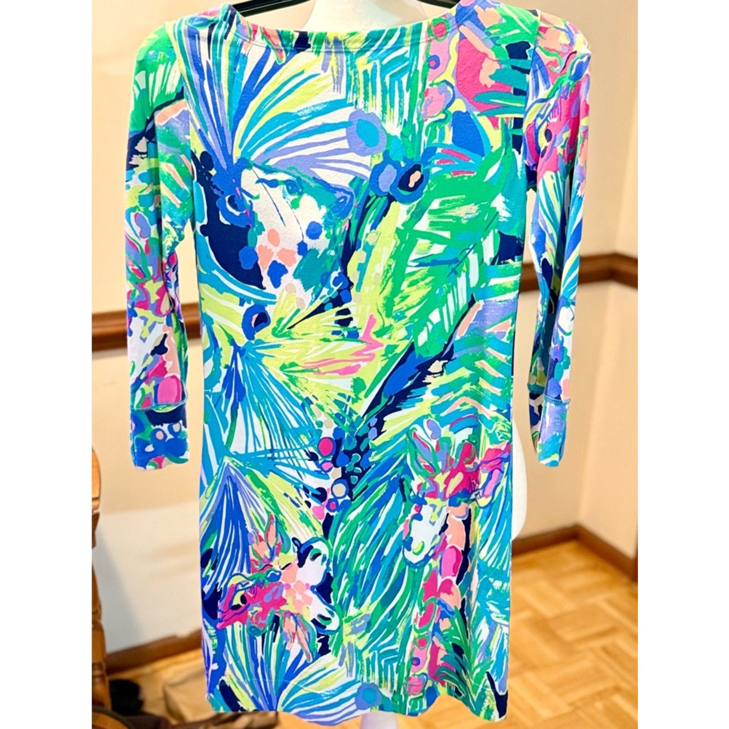Lilly Pulitzer Tropical Shift Dress XXS Blue Pink 3/4 Sleeve