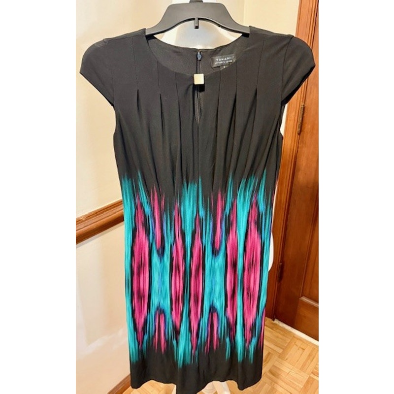 Tahari Arthur S Levine Dress Size 2 Black Ikat Print Sheath Work Office Chic